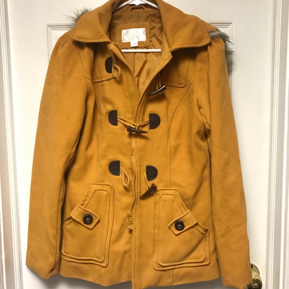 Jackets & Coats Mustard Yellow Zip Up Pea Coat With Fur Lined Hood
